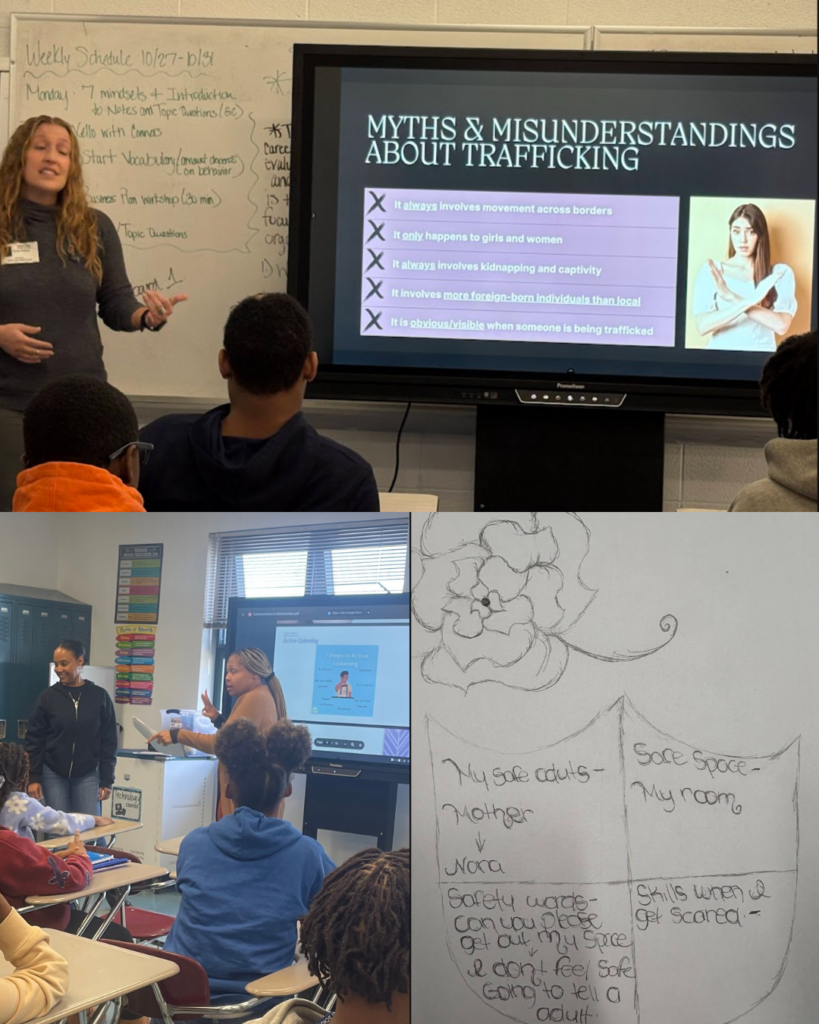 collage: lauren peffley and students in a classroom setting watching a slideshow on a monitor; lauren peffley and amber clayborne in a classroom as students look on; a drawing of a flower and a shield with safety terms written on it